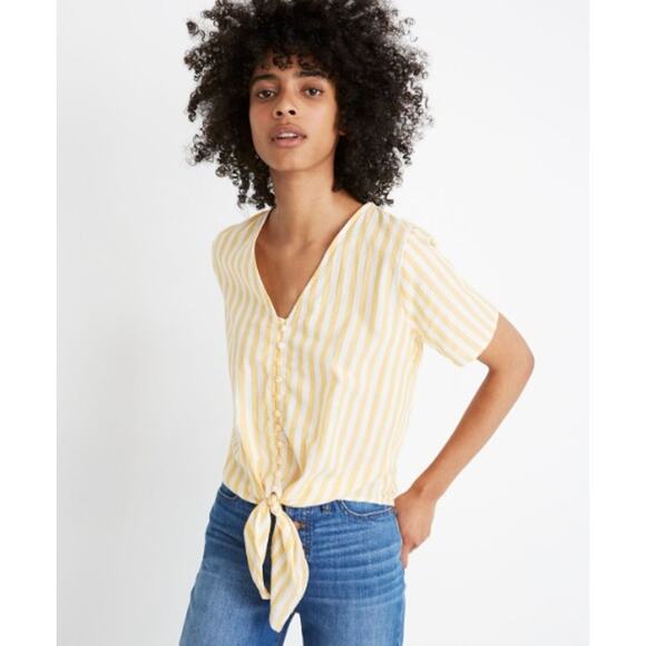 Madewell Agency Tie-Front Button Top in Pompano Stripe, XS - Picture 3 of 9